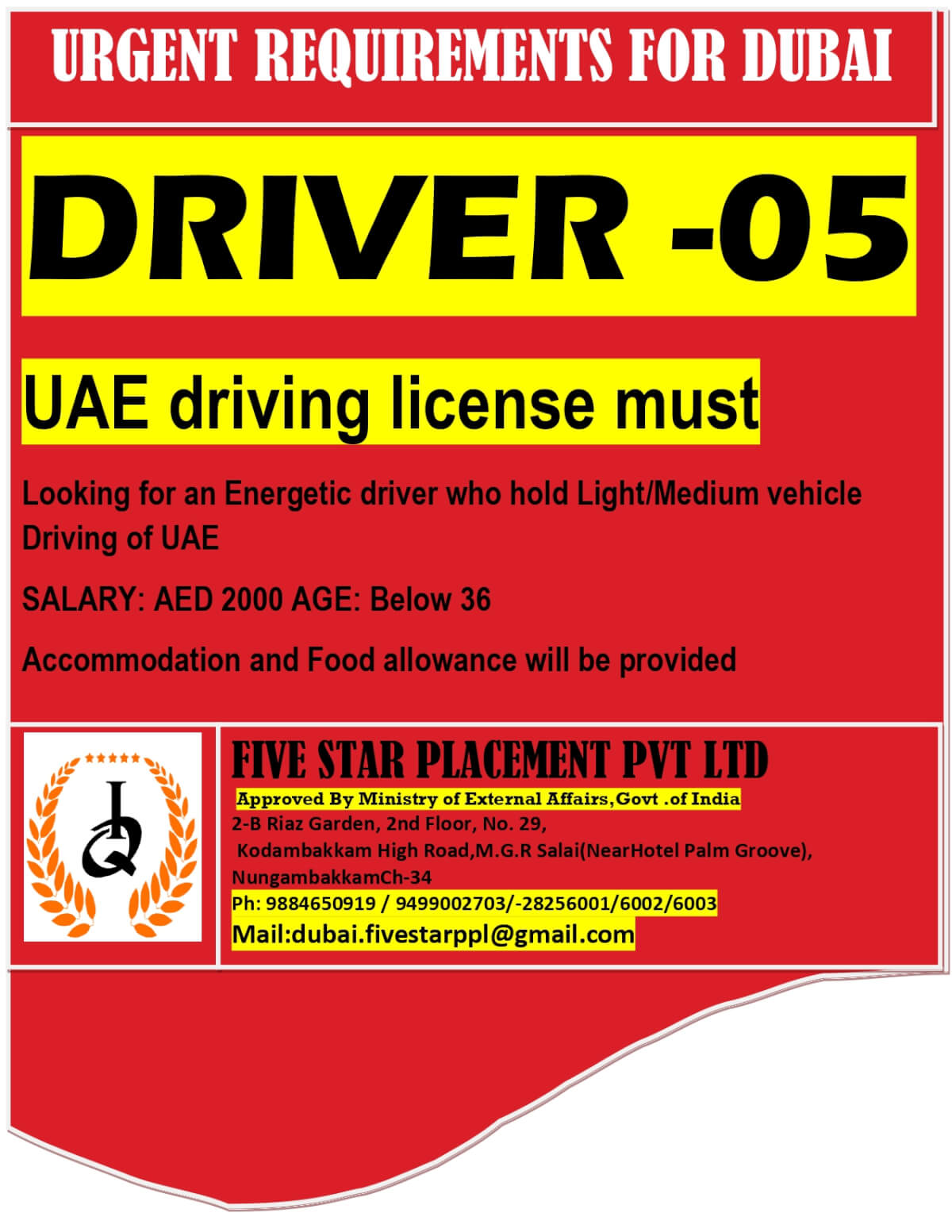 URGENT REQUIREMENTS FOR  DUBAI