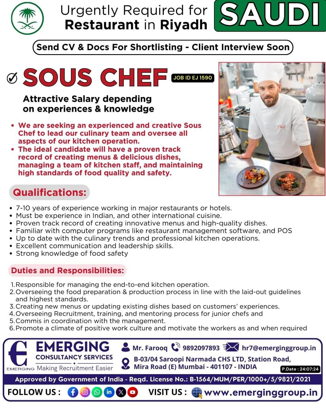 Urgently Required for Restaurant in Riyadh Saudi Arabia - Client Interview Soon