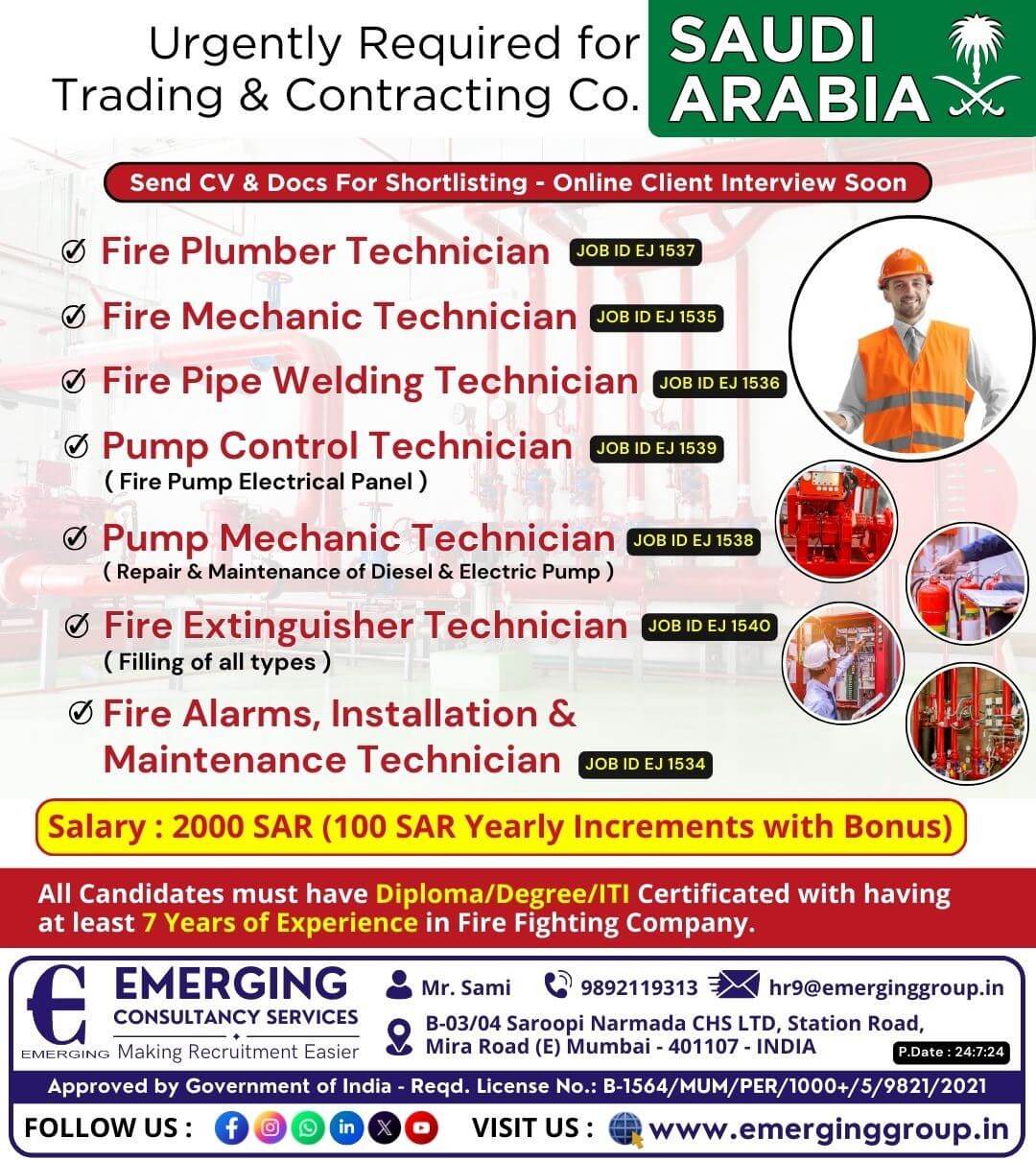 Urgently Required for Trading & Contracting Company in Saudi Arabia  (Fire Fighting Projects)