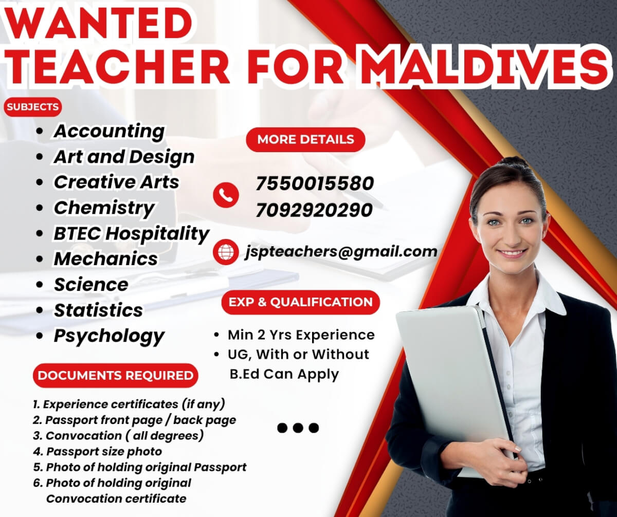 WANTED TEACHER FOR MALDIVES