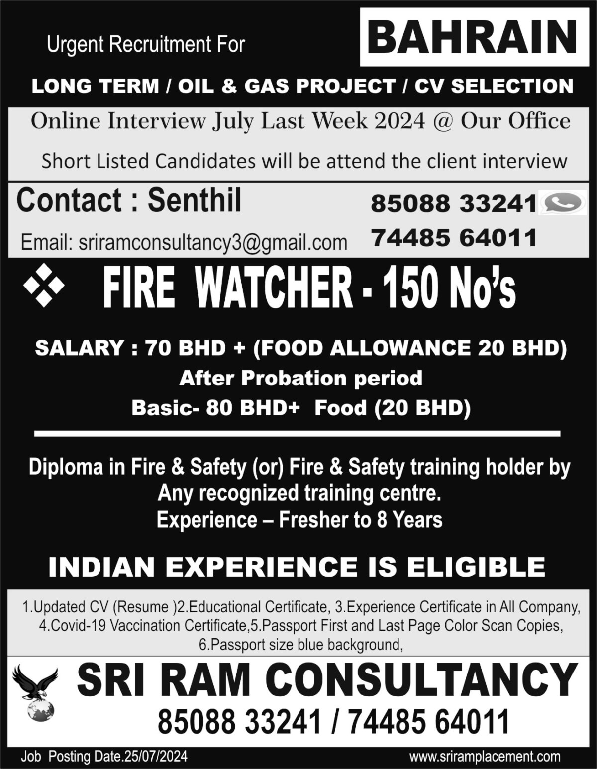Urgent Recruitment for UAE Oil & Gas Long Term Project Fire Watcher,  apply : sriramconsultancy3@gmail.com / visit https://www.sriramplacement.com