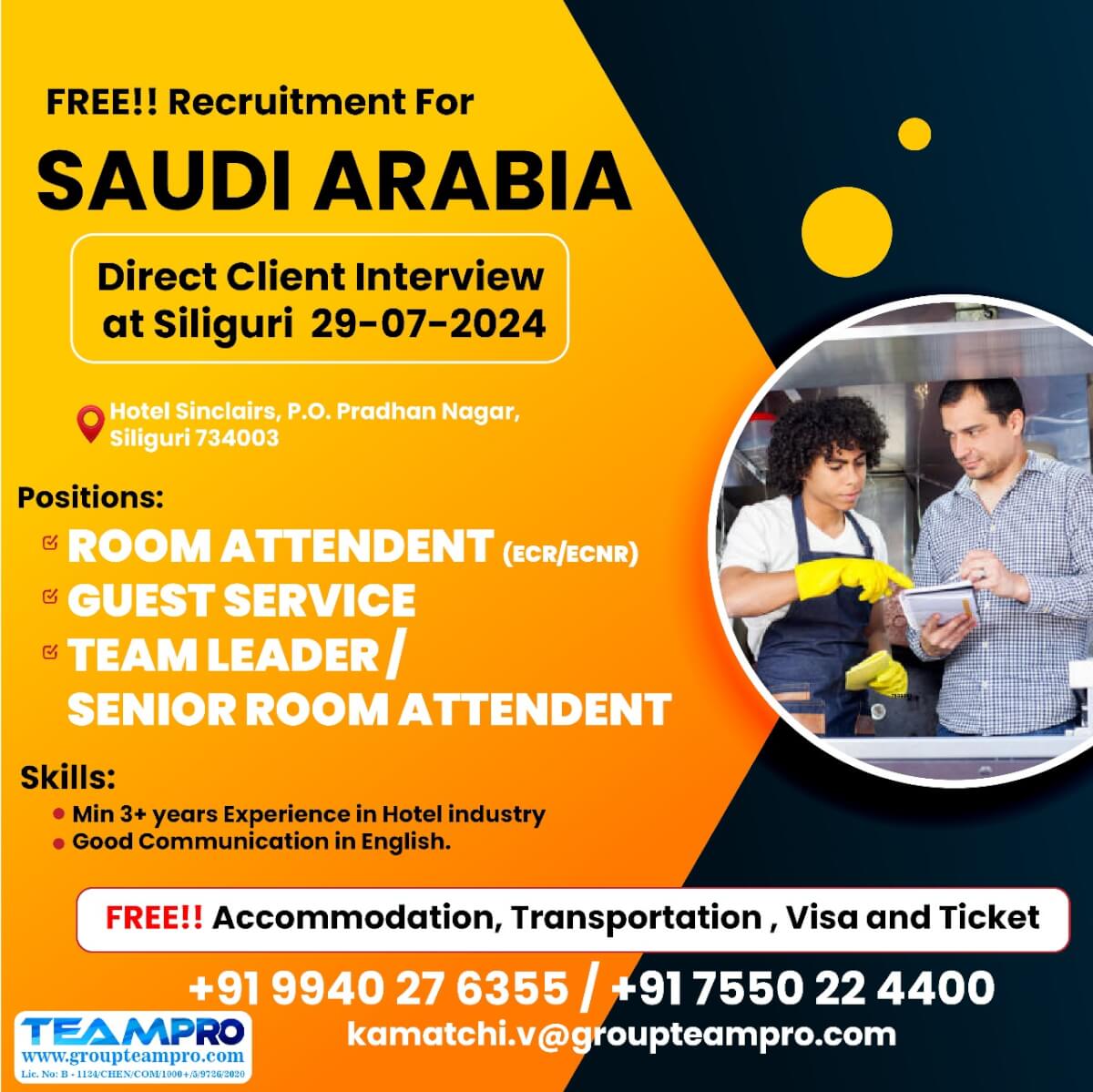 Free recruitment for Team Leader-Room Attendant in Saudi Arabia