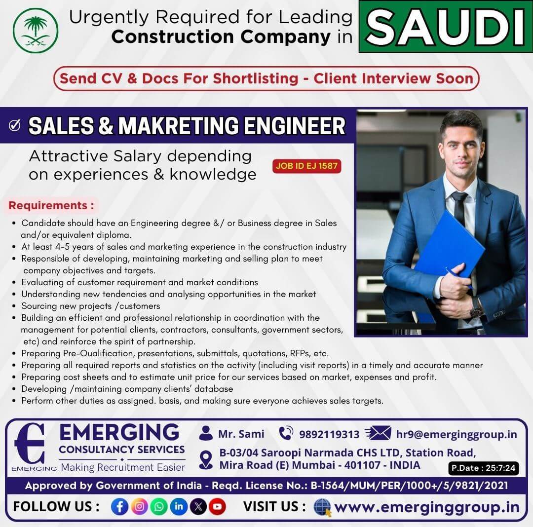 Urgently Required for Leading Construction Company in Saudi Arabia - Client Interview Soon