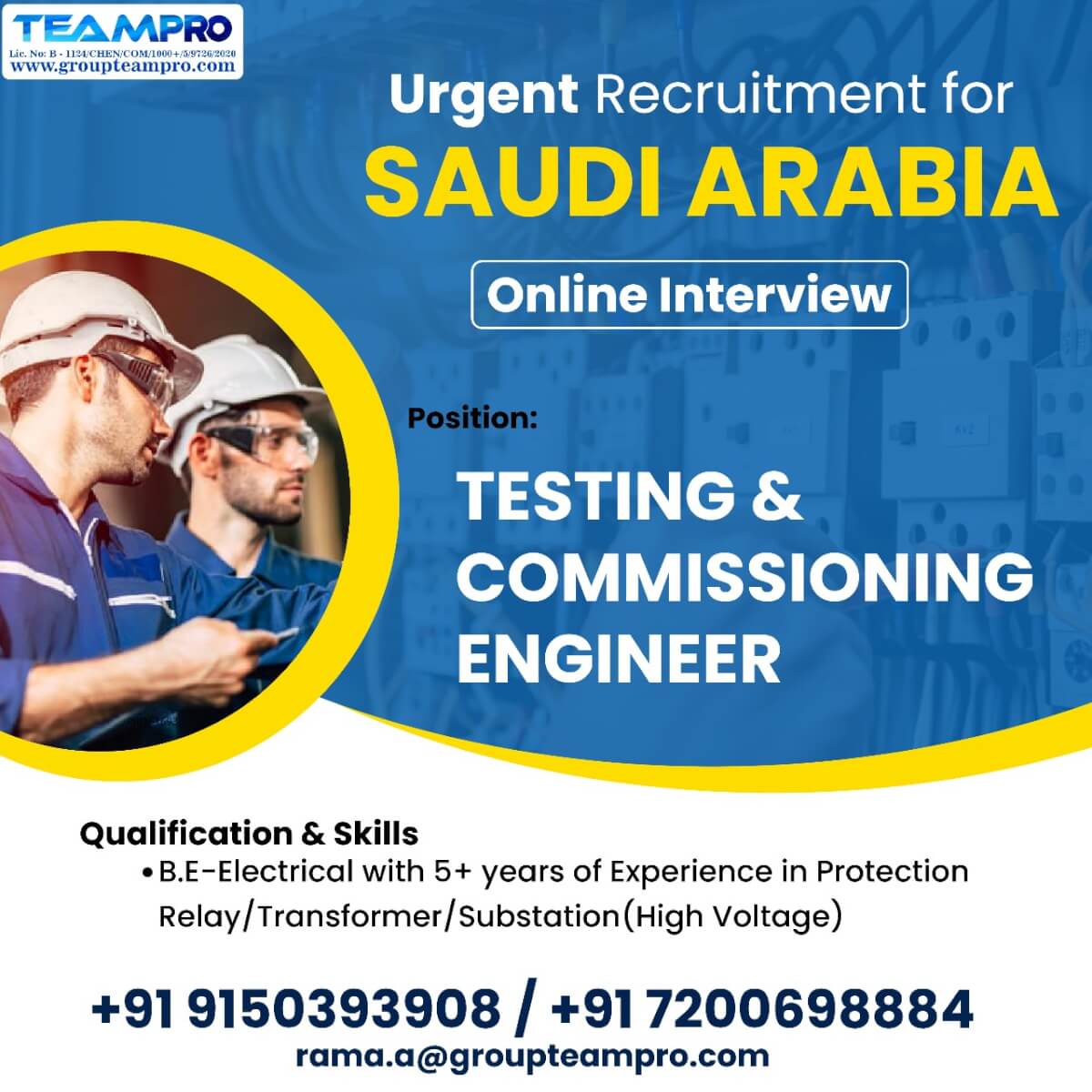 RE: Urgent Requirement For Testing &Commissioning Engineer -KSA