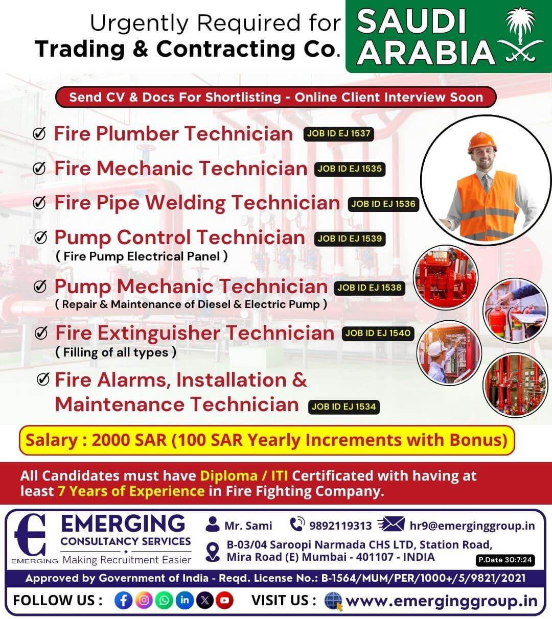 Urgently Required for Trading & Contracting Company in Saudi Arabia  (Fire Fighting Projects)