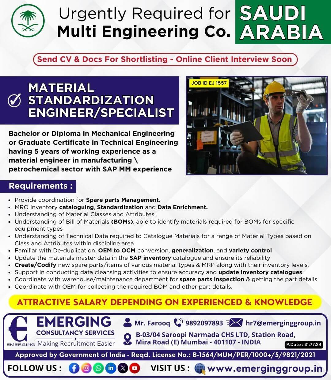 Urgently Required for Multi Engineering Company in Saudi Arabia - Client Interview Soon