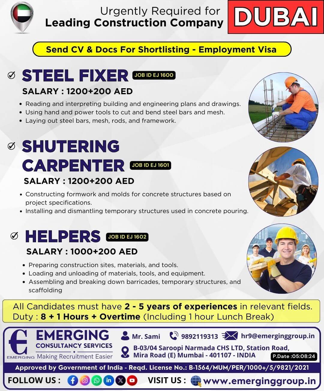 Urgently Required for Leading Construction Company in Dubai - Employment Visa