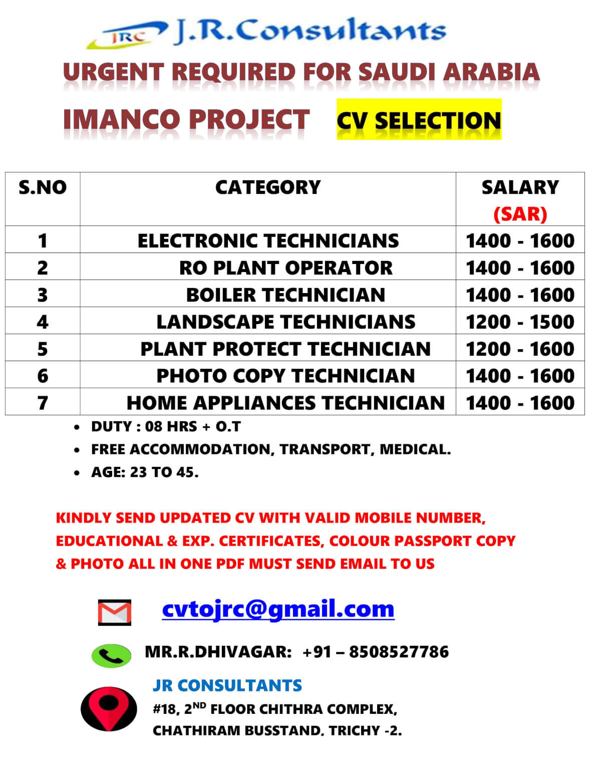 URGENT REQUIRED FOR SAUDI ARABIA     IMANCO PROJECT