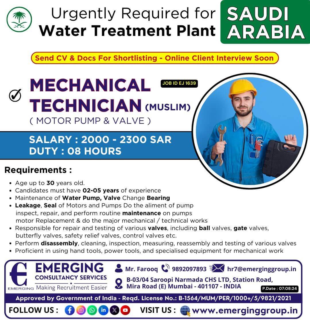 Urgently Required for Water Treatment Plant in Saudi Arabia - Online Client Interview Soon