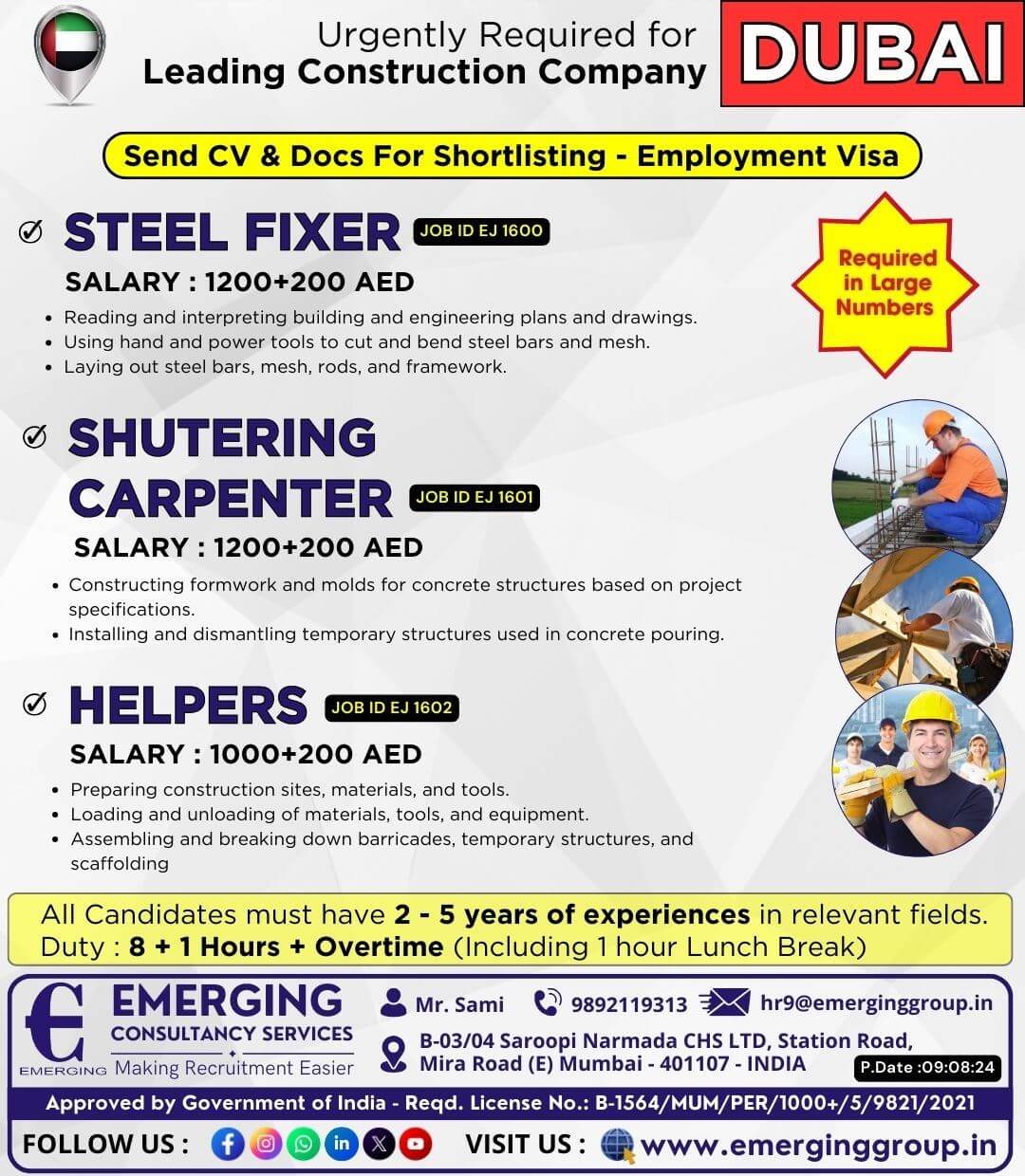 Urgently Required in Large Numbers for Leading Construction Company in Dubai