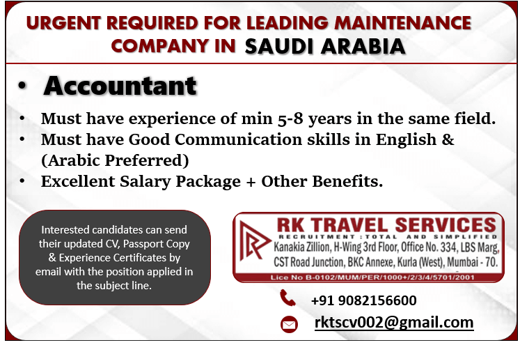 URGENT REQUIRED FOR LEADING MAINTENANCE COMPANY IN SAUDI ARABIA