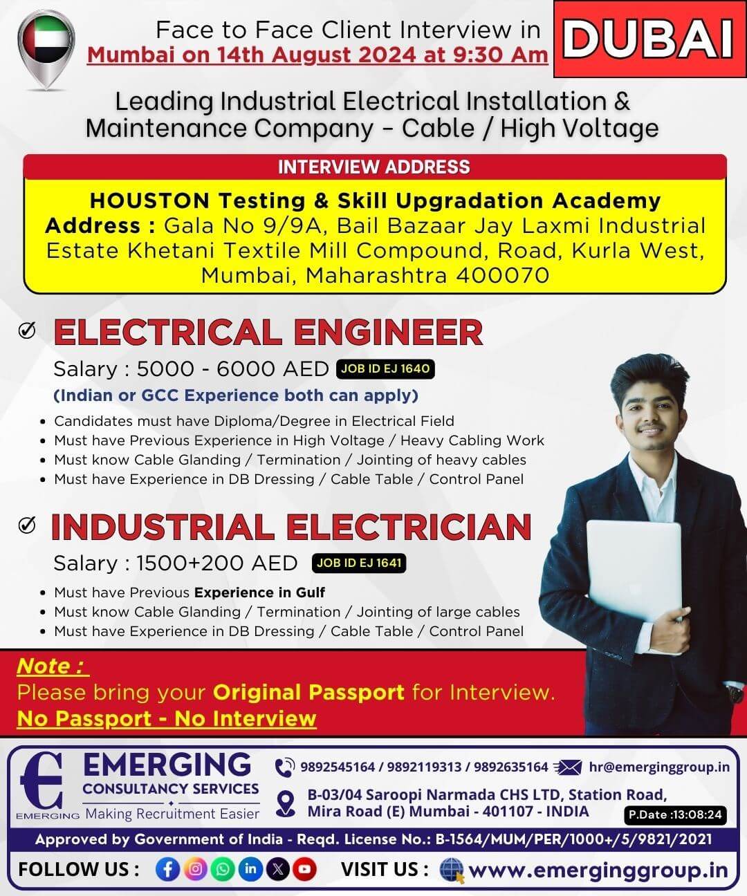 Face to face Client Interview in Mumbai on 14 August 2024 at 9:30 AM - Leading Industrial Electrical Installation and Maintenance Company in Dubai