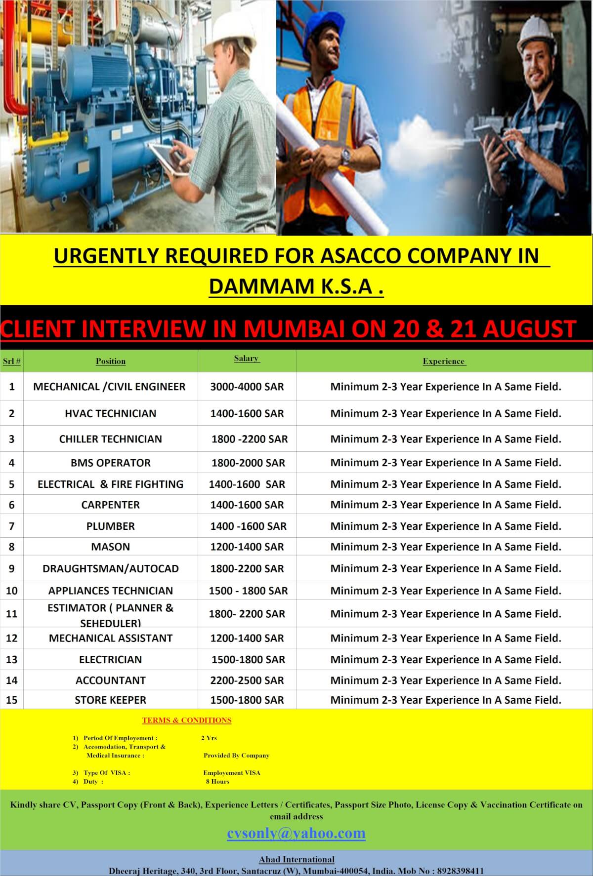 URGENTLY REQUIRED FOR ASACCO COMPANY DAMMAM K.S.A.