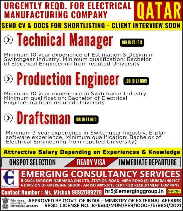 Urgently Required for Electrical Manufacturing Company in Qatar - Client Interview Soon