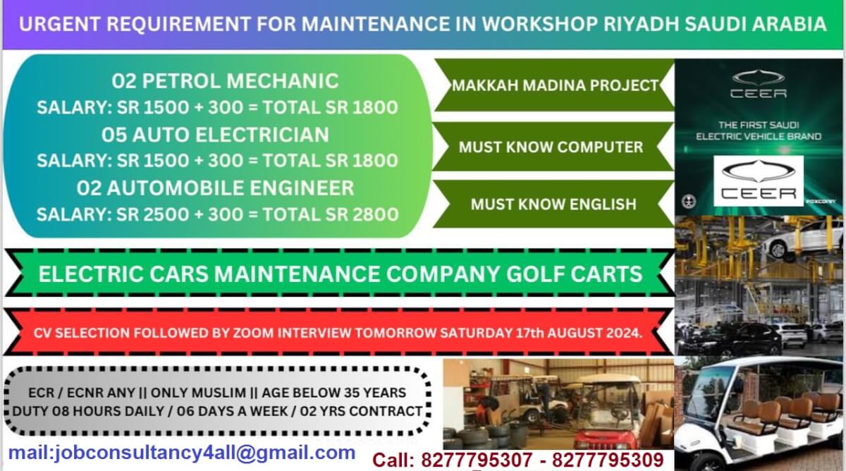 Hiring for Maintenance workshop in Riyadh