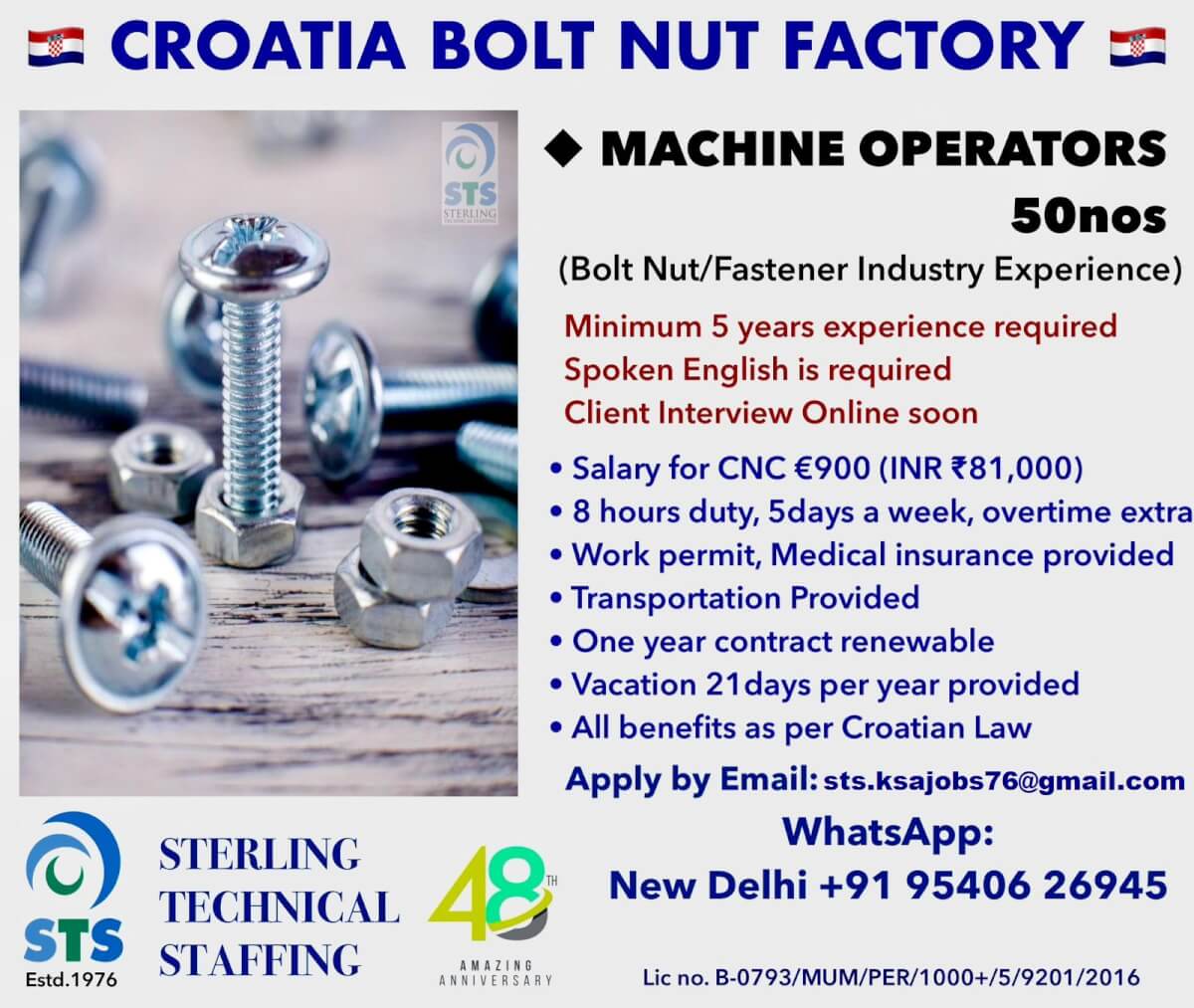 Urgently Required for Nut & Bolt Manufacturing Company in Croatia,Europe