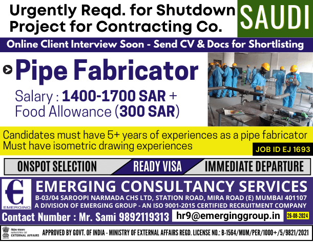 Urgently Required for Shutdown Project for Contracting Company in Saudi Arabia