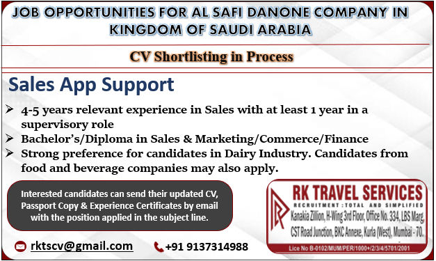 JOB OPPORTUNITIES FOR AL SAFI DANONE COMPANY IN  KINGDOM OF SAUDI ARABIA