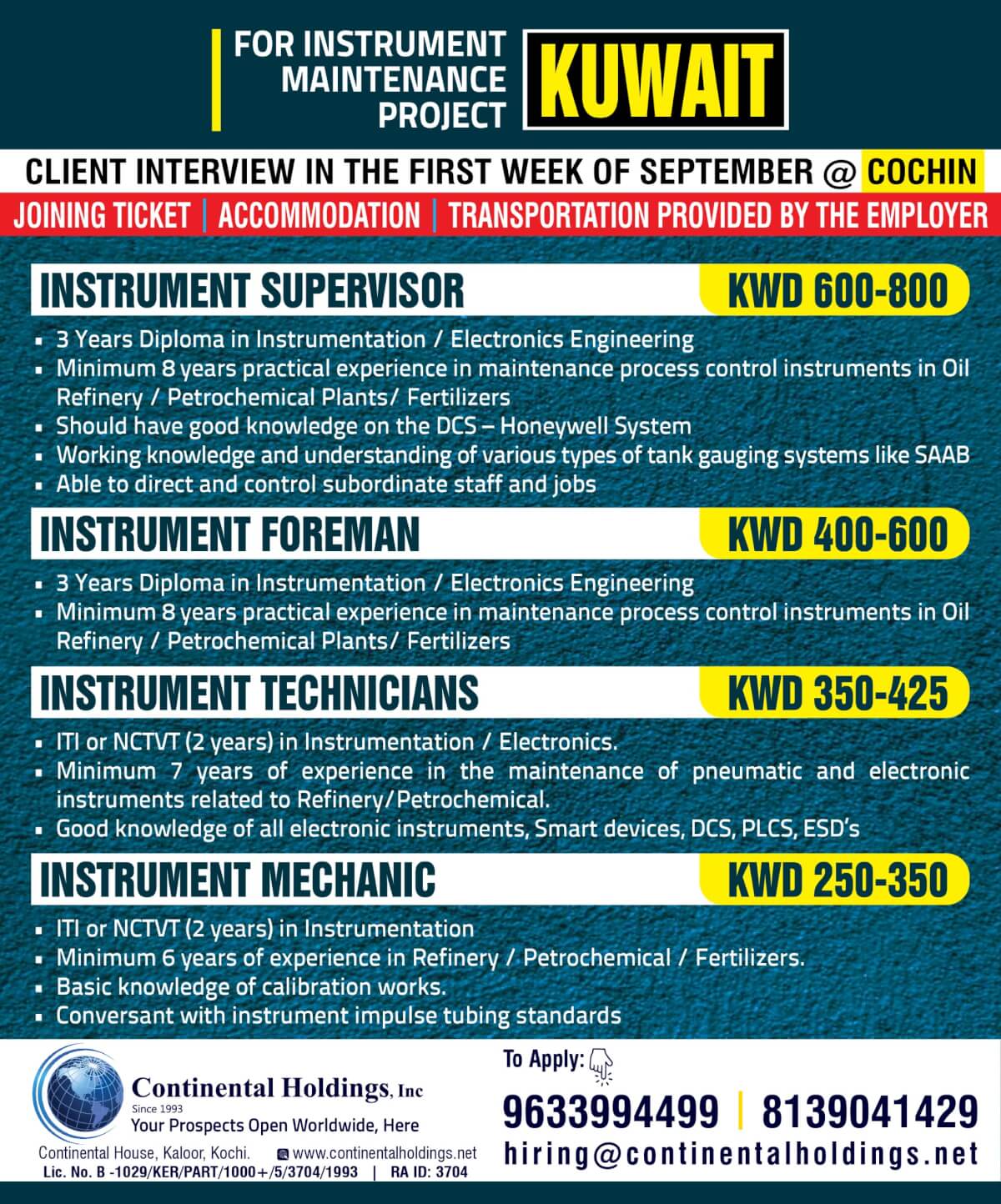 Hiring for Kuwait - Instrument Maintenance Project - Imediate Departure