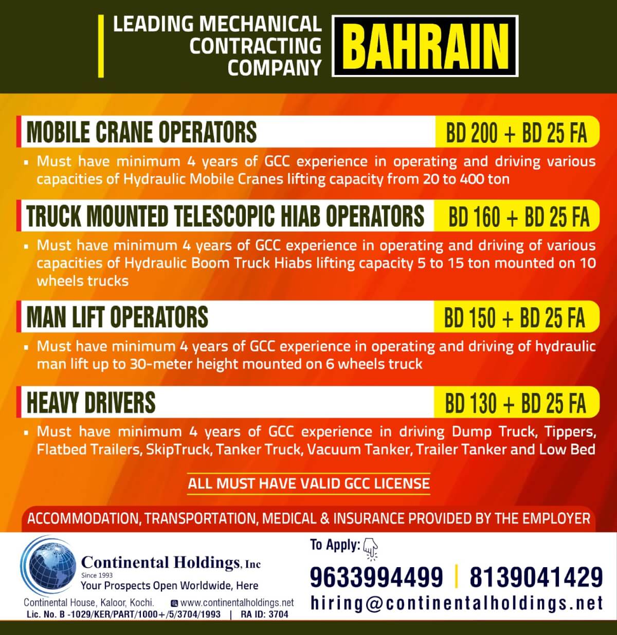 Hiring for Bahrain - Mechanical Contracting Company