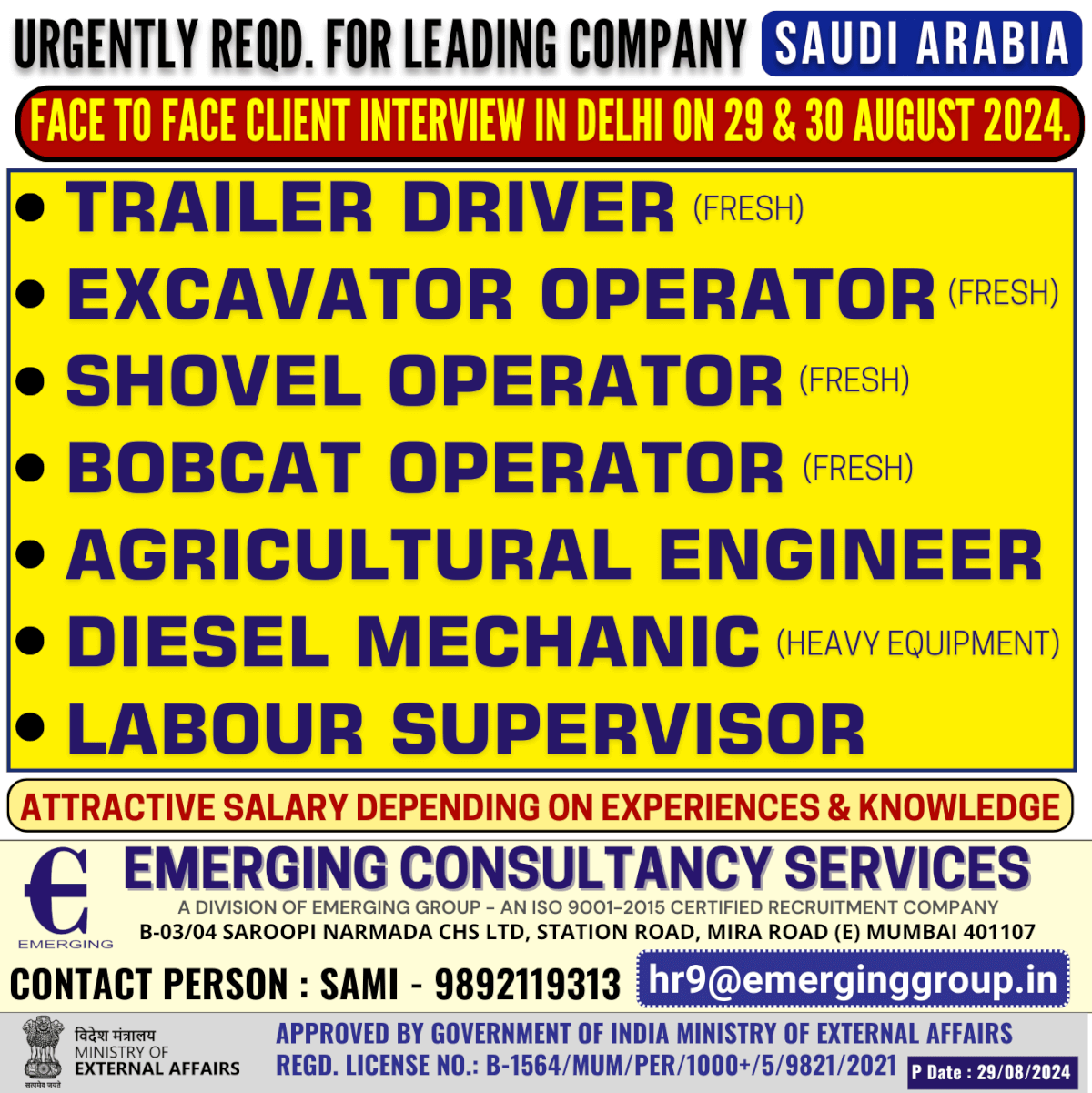 Face to Face Client Interview in Delhi on 29 & 30 August 2024 for Leading Contracting Company in Saudi Arabia