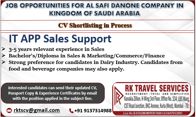 JOB OPPORTUNITIES FOR AL SAFI DANONE COMPANY IN  KINGDOM OF SAUDI ARABIA