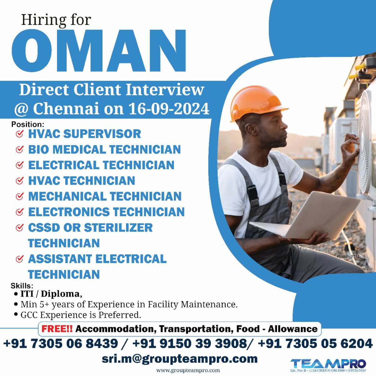 Urgent Recruitment For Oman, Direct Client Interview @ Chennai - 16-09-24