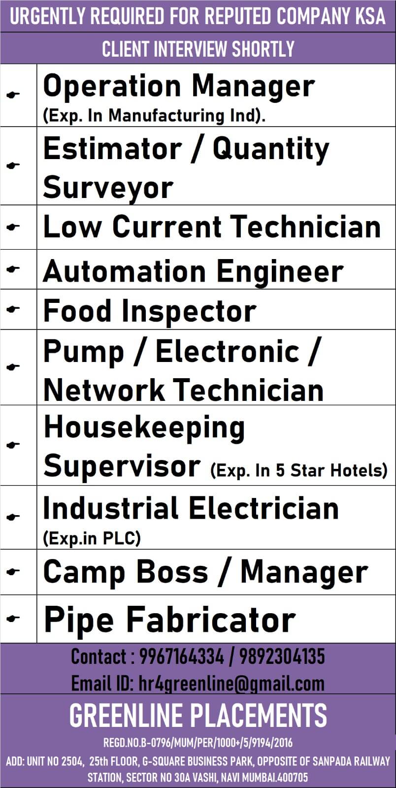 URGENTLY REQUIRED FOR REPUTED COMPANY KSA