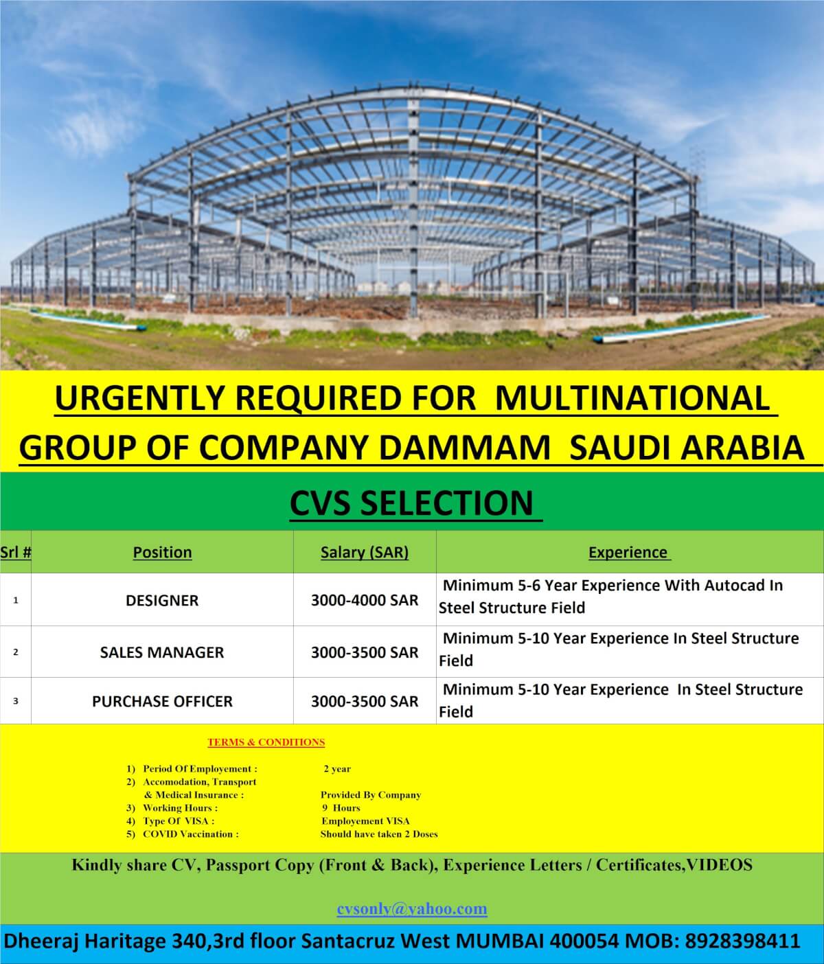 URGENTLY REQUIRED FOR MULTINATIONAL GROUP OF COMPANY DAMMAM K.S.A.