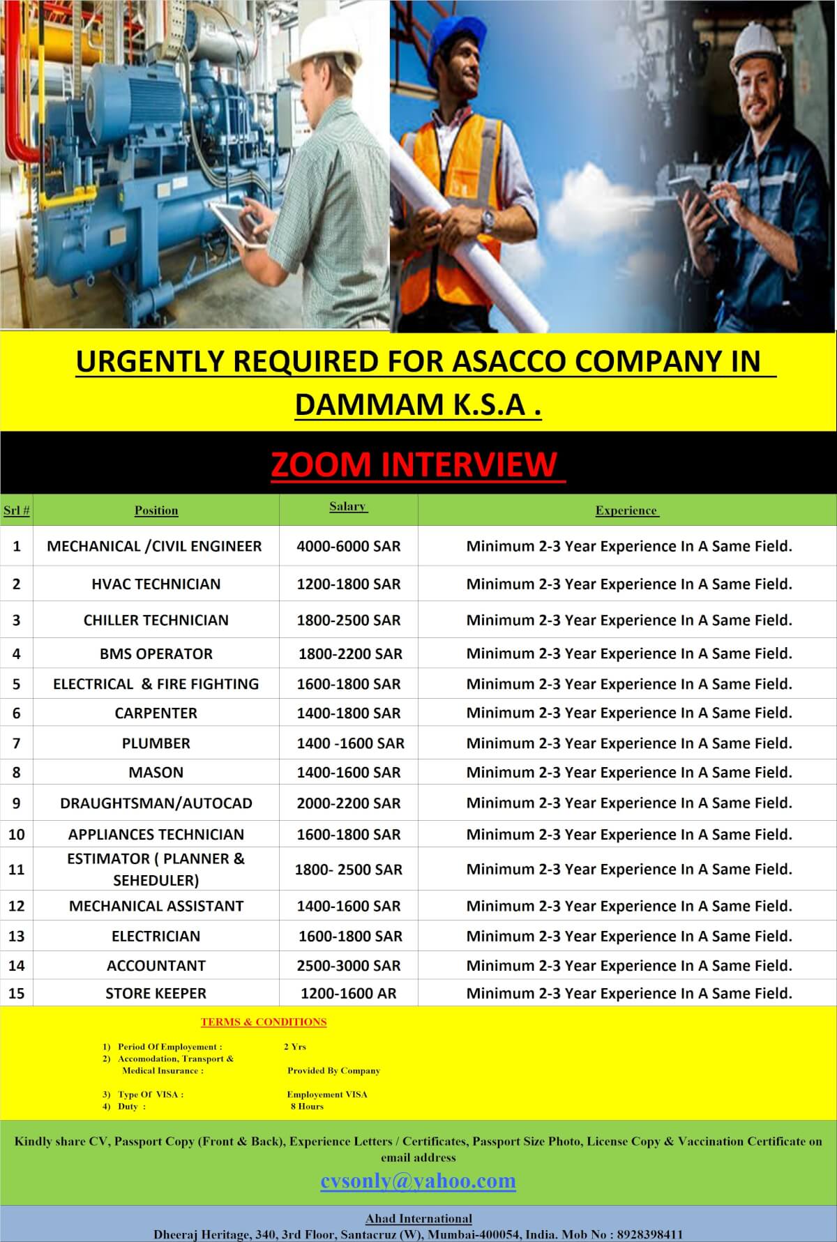 URGENTLY REQUIRED FOR MULTINATIONAL GROUP OF COMPANY DAMMAM K.S.A.