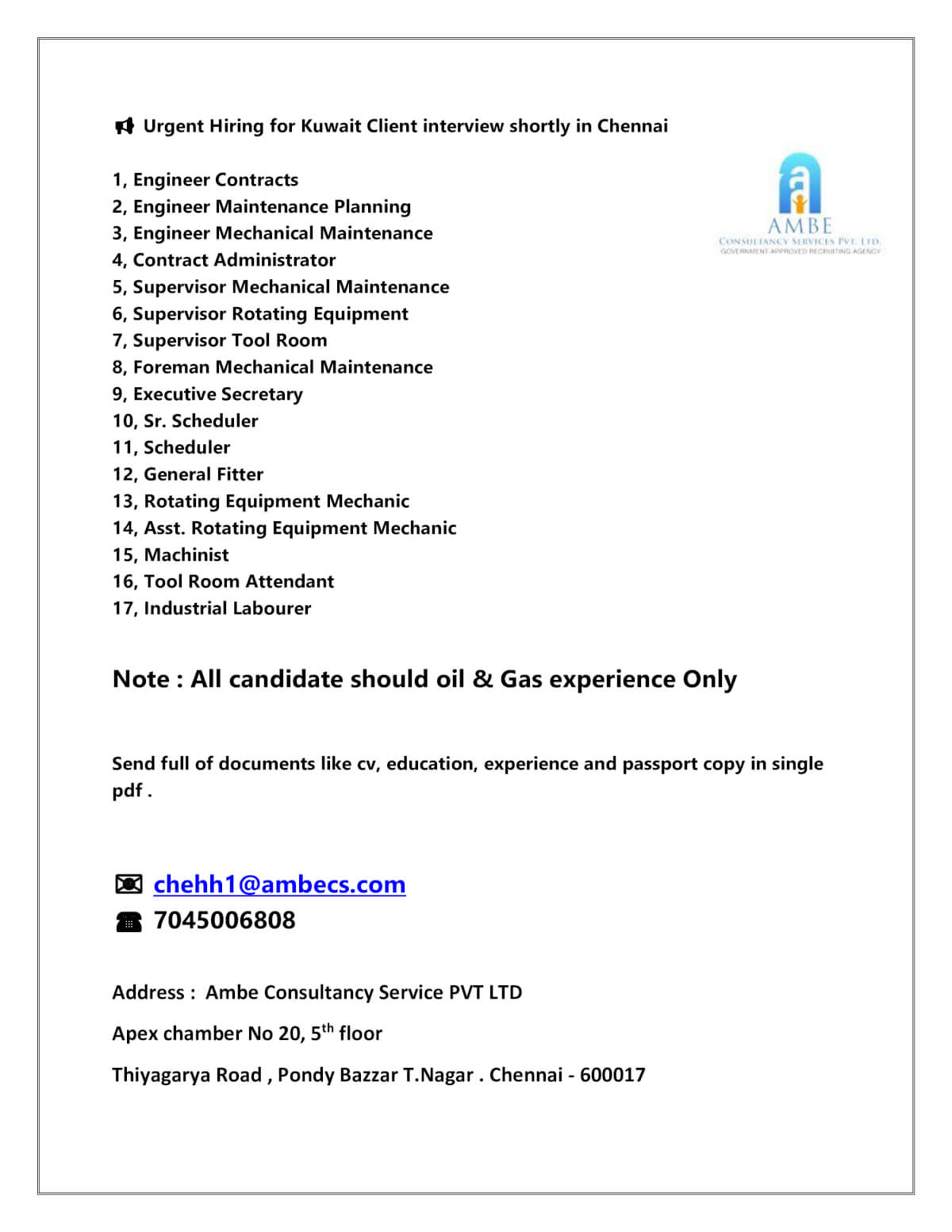 urgent hiring for kuwait