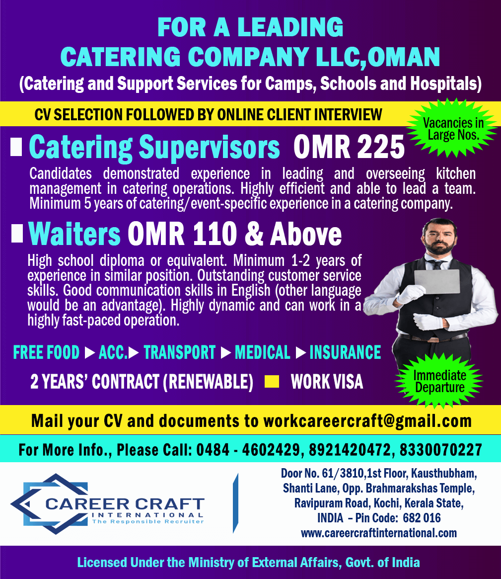 Urgent requirement for a leading catering company in Oman -