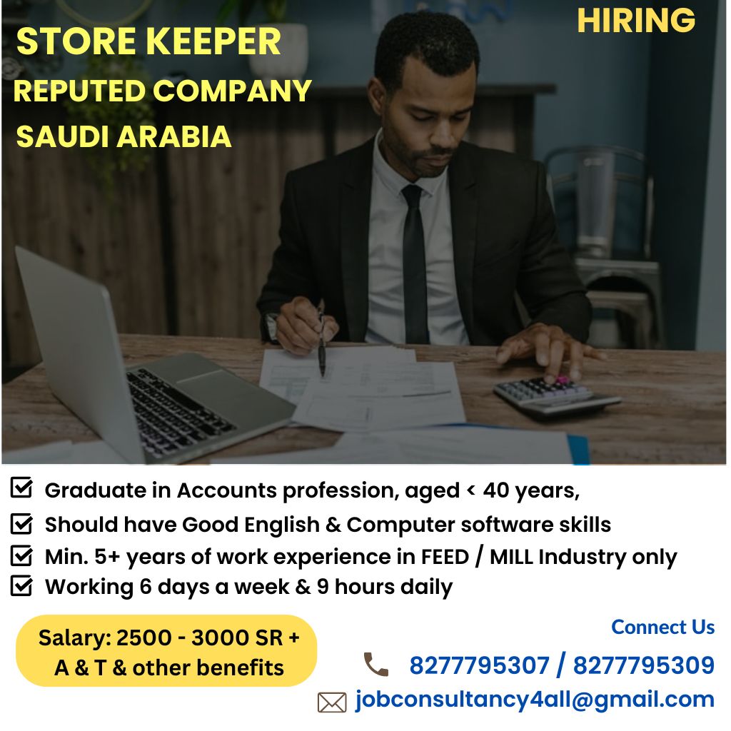 hiring STORE KEEPER for SAUDI ARABIA