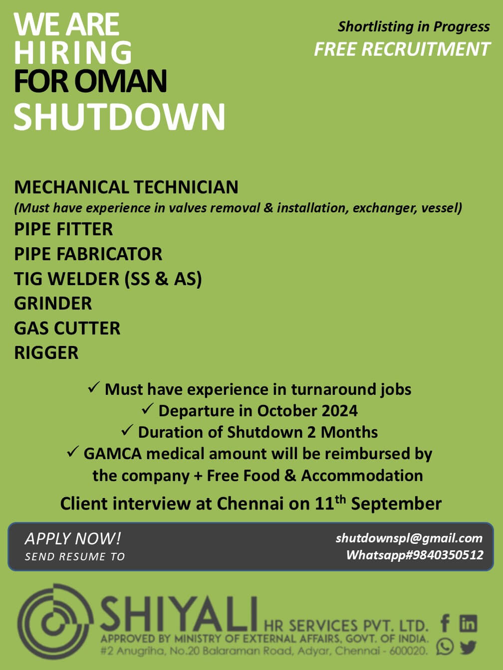 Mehcnaical Technician; Pipe fitter, Pipe Faricator, Tig Welder(ss&as), Grinder Gas cutter, Rigger