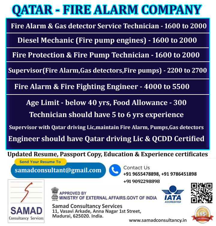 QATAR - FIRE ALARM COMPANY, Send CV and all documents to samadconsultant@gmail.com