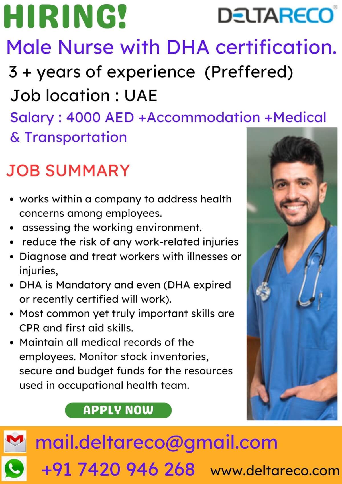 Hiring Male Health Nurse /occupational health nurse (DHA Certified).