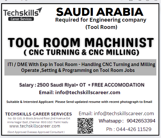 SAUDI ARABIA REQUIRES -  TOOL ROOM MACHINIST ( CNC TURNING & MILLING)