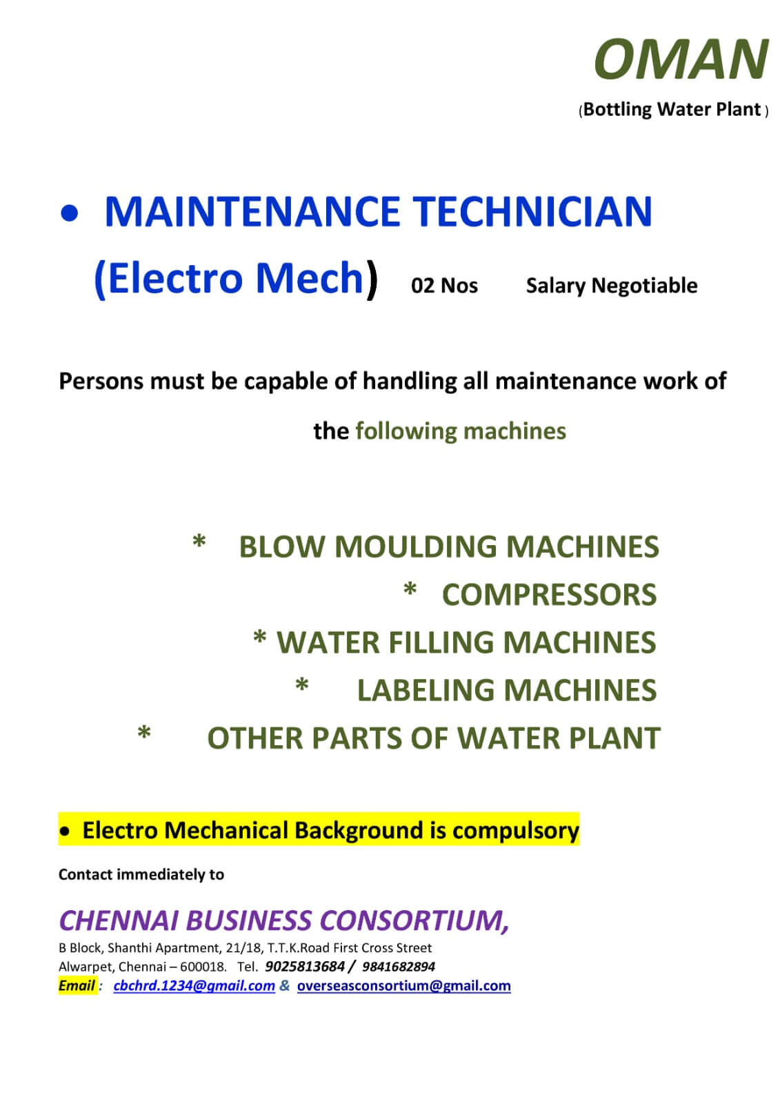 WATER BOTTLING PLANT TECHNICIAN ( ELECTRO  MECH )