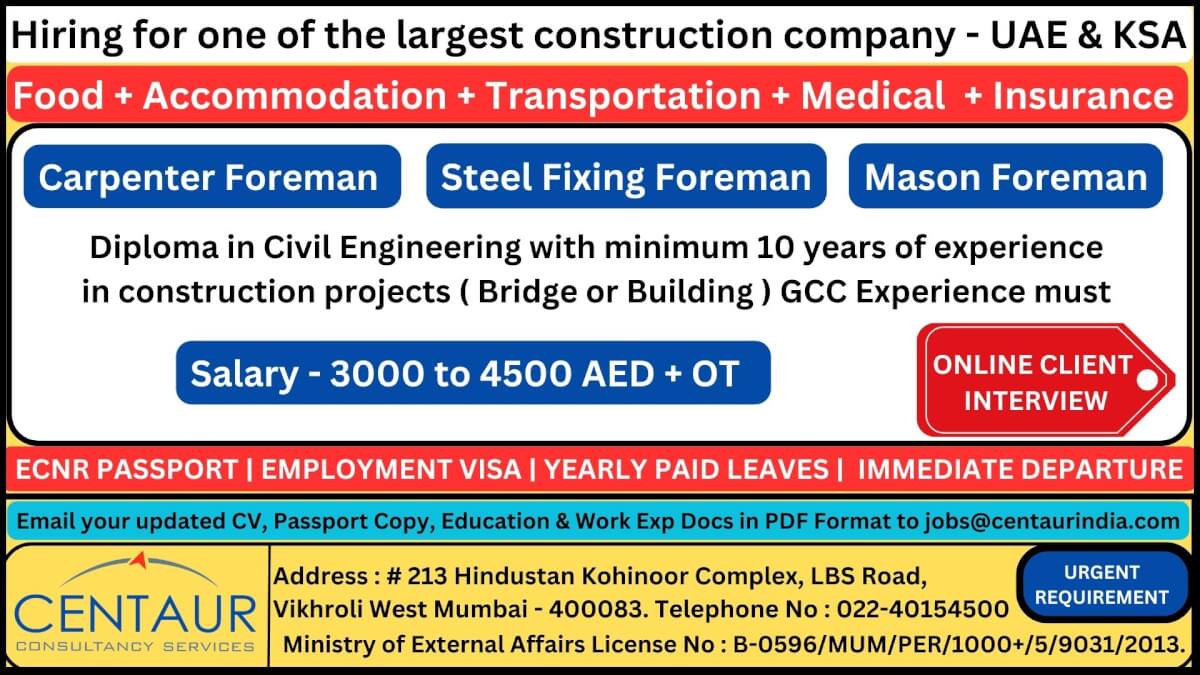 Hiring for a leading construction company - UAE & Saudi Arabia