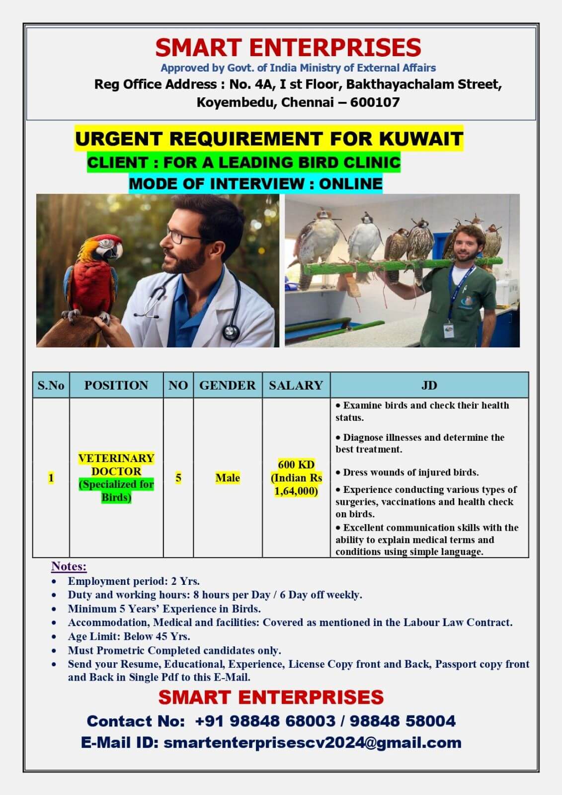 VETERINARY  DOCTOR   FOR  KUWAIT (SPECILIZED FOR BIRDS)