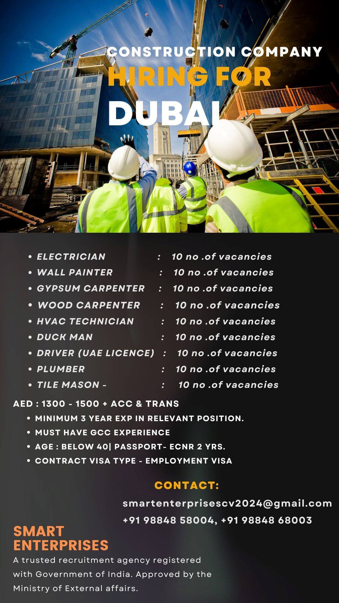 CONSTRUCTION COMPANY HIRING FOR  ELECTRICIAN