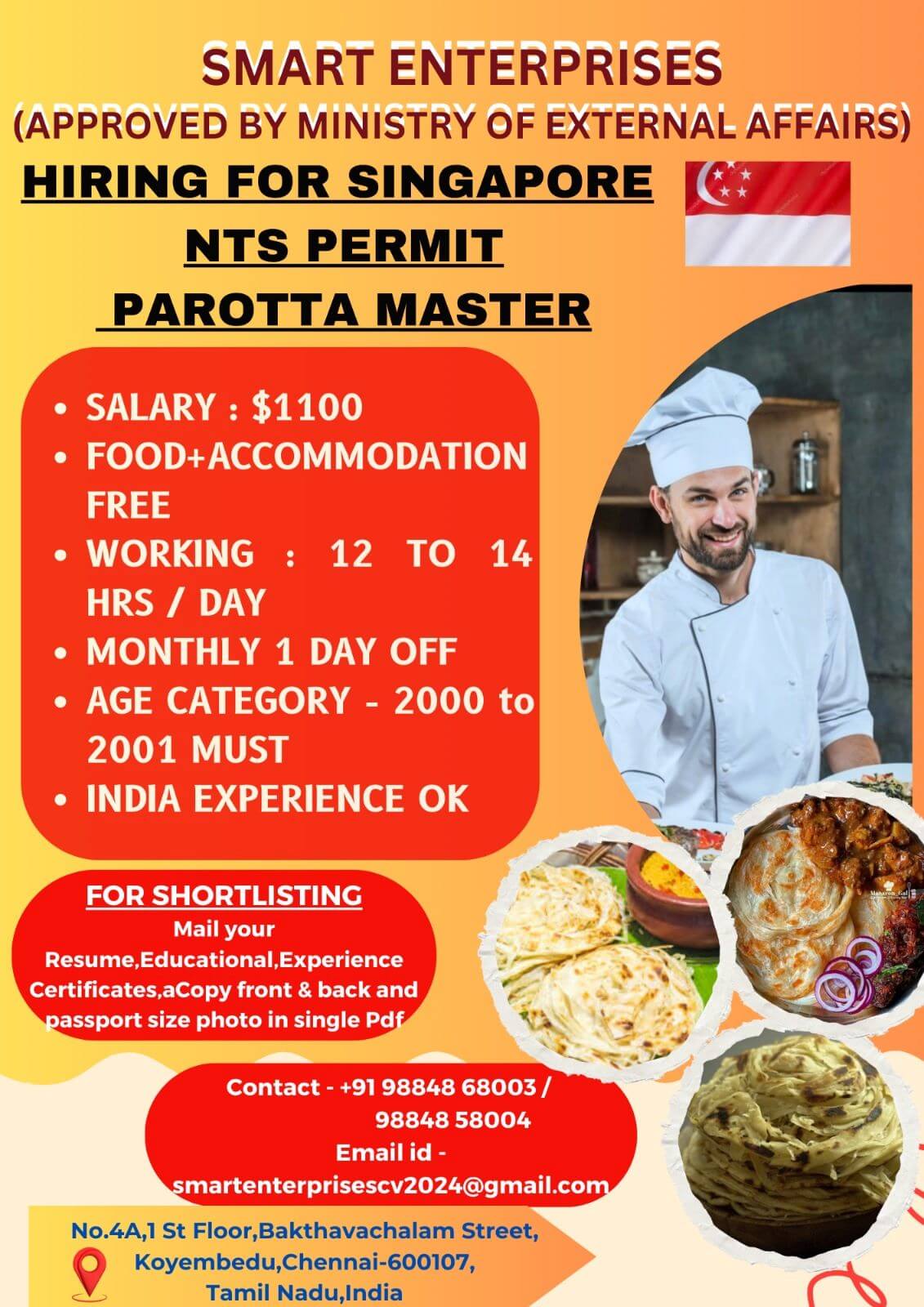 .  HIRING FOR SINGAPORE NTS Permit parotta master