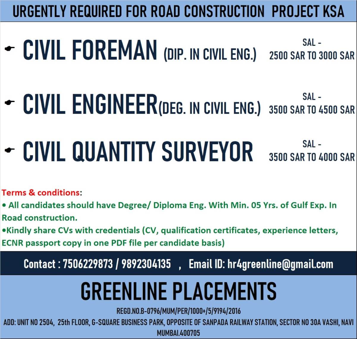 URGENTLY REQUIRED FOR ROAD CONSTRUCTION  PROJECT KSA