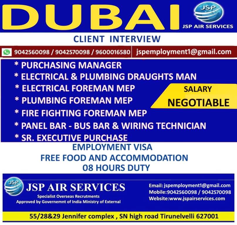 PURCHASING MANAGER / DRAUGHTSMAN / MEP FOREMAN / PANEL BAR FOR DUBAI