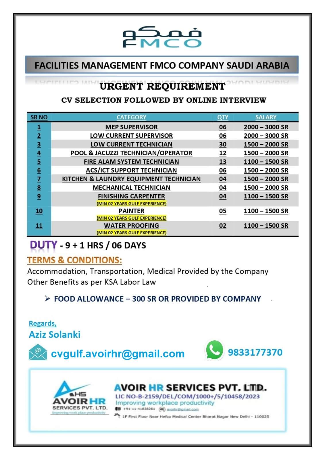 Urgent Requirement for Saudi Arabia FMCO Company