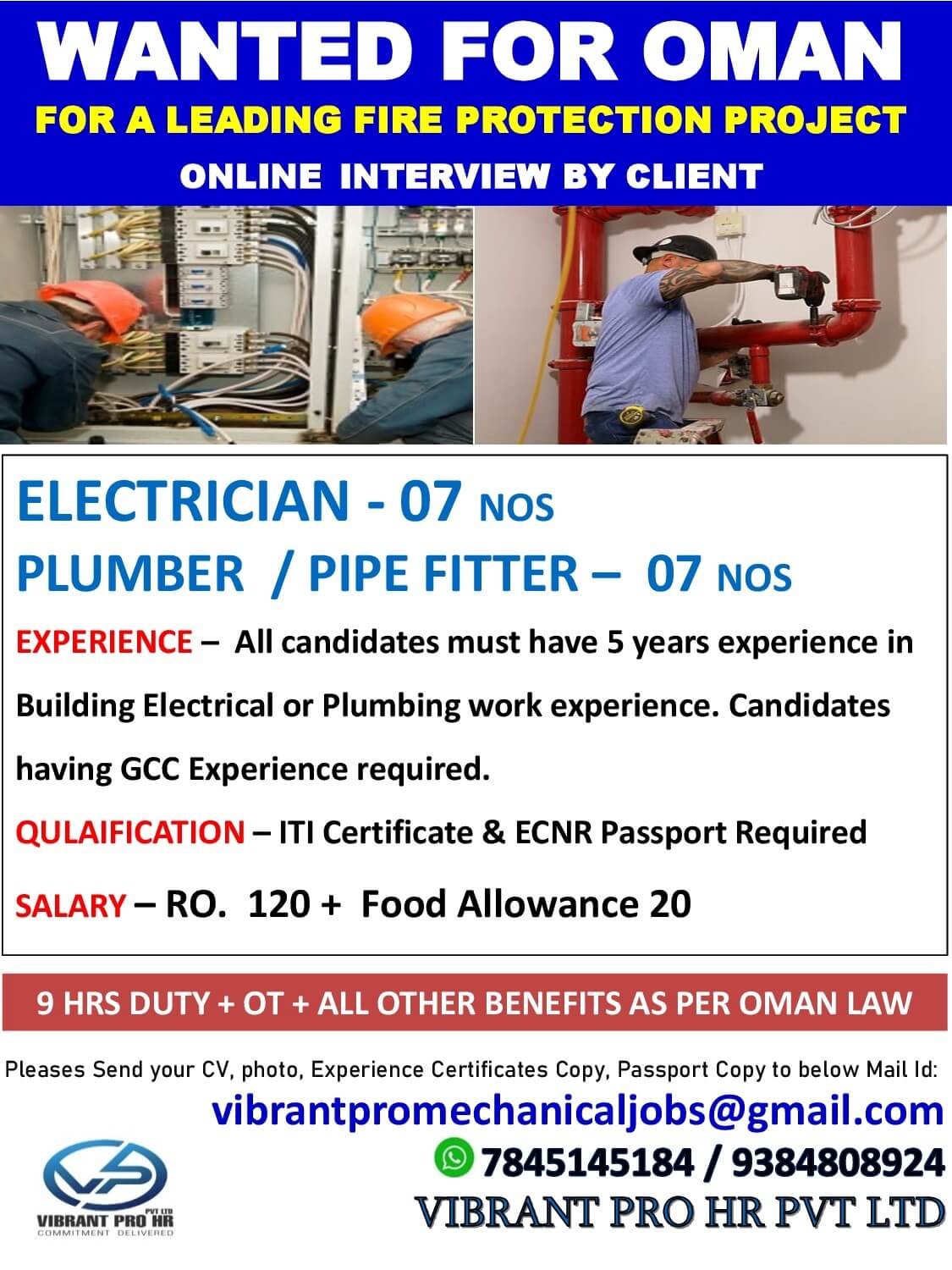 WANTED FOR OMAN-FOR A LEADING FIRE PROTECTION PROJECT-ONLINE INTERVIEW BY CLIENT