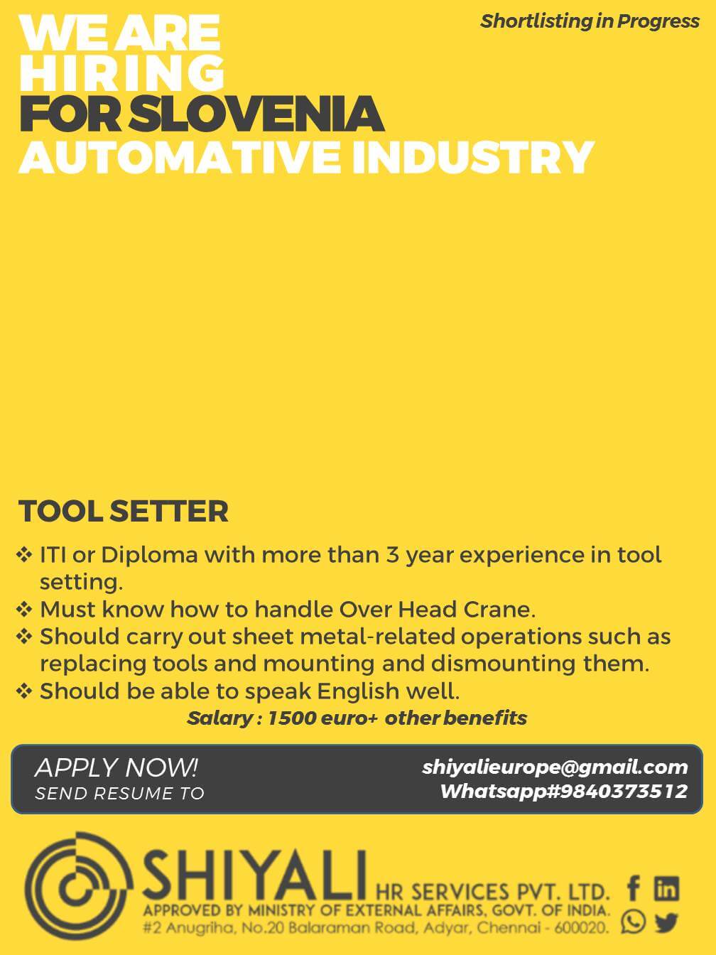 TOOL SETTER/ BODY SHOP WORKER