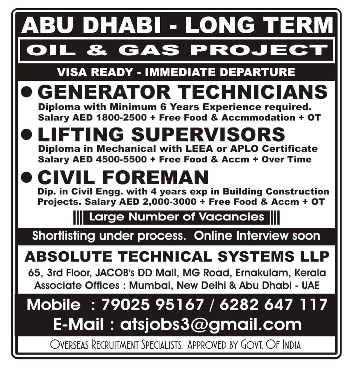 Civil Foreman, Lifting Supervisor & Generator Technician for Abu Dhabi