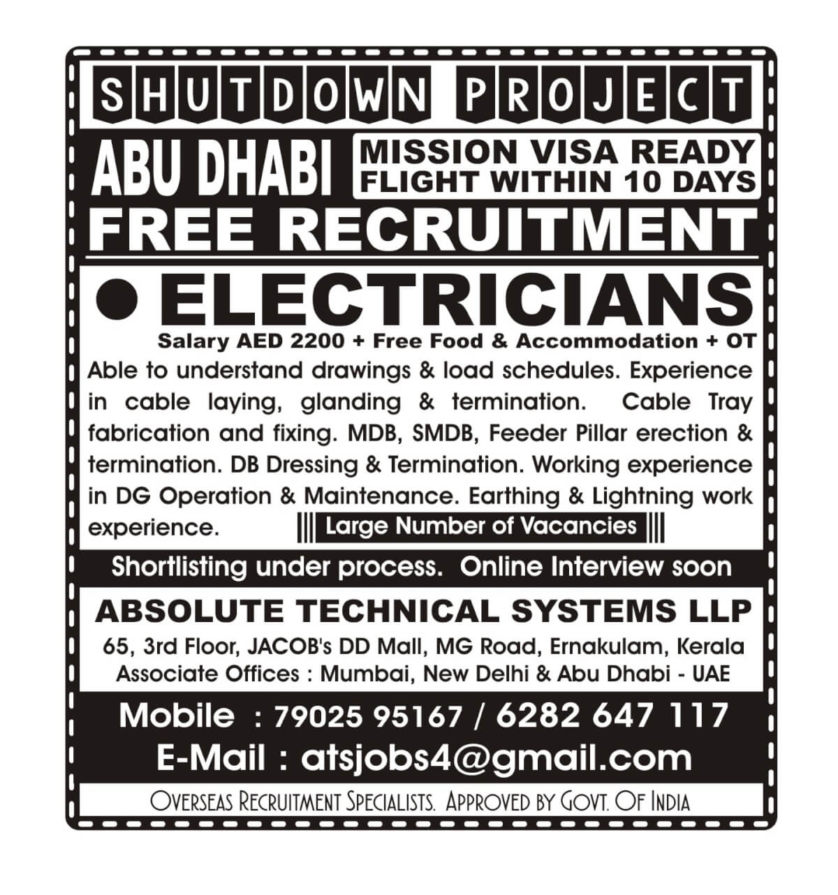 Electricians for Abu Dhabi - Free Recruitment - Shutdown Project