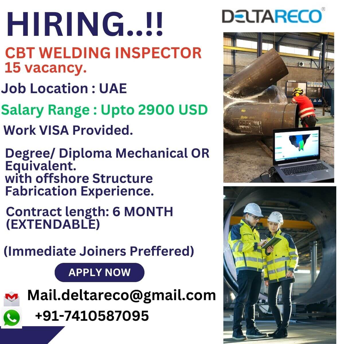 Hiring 15 nos of CBT WELDING INSPECTORS UAE Location.